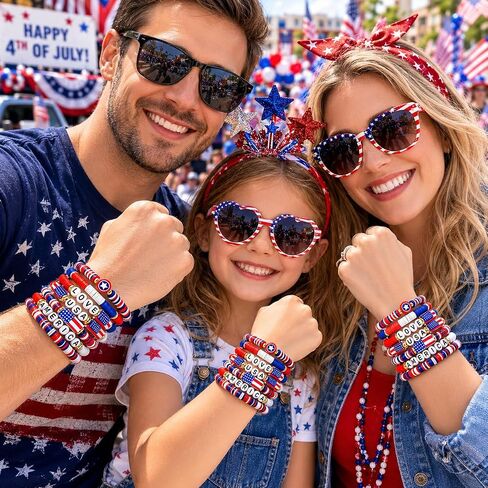 Mysense 250 Anniversary USA Merchandise, 7 Pack Patriotic Red White & Blue Beaded American Flag Bracelets, Perfect for 4th of July Outfits & Accessories for Women, Men and Teens in Saudi Arabia