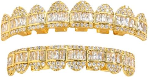 Solid Gold over S925 Sterling Silver T-Square Full Micro-Pave Moissanite Teeth Grillz, Clean Stone Pattern for Daily Use, Suitable for Men and Women Who Want Simple Style in Kuwait