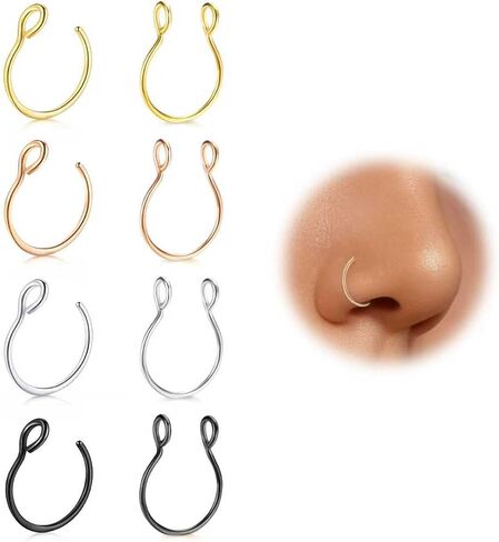 Fake Nose Rings 8PCS, Clip On Nose Ring No Piercing, Faux Septum Nose Rings for Beginners, Adjustable 20G, Black Gold Rose Gold Silver in Saudi Arabia