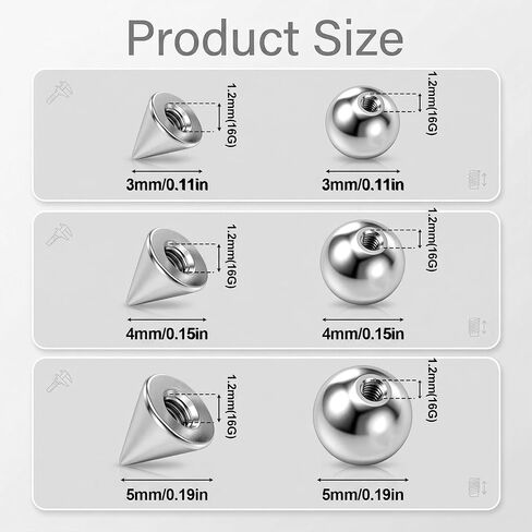 60 Pcs 16G Piercing Balls Replacement, Externally Threaded Surgical Steel Spikes for Industrial Barbell Tongue Nipple Navel Jewelry (3mm 4mm 5mm, Silver) in Kuwait