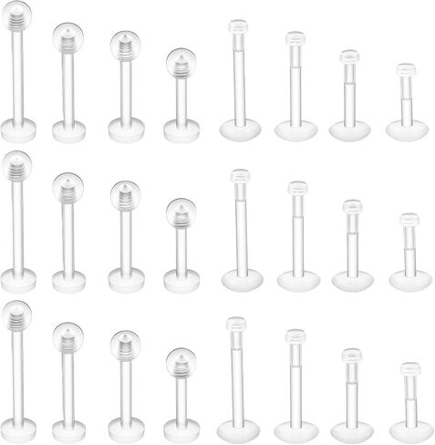 24PCS Clear Invisible Piercing Retainers for Work - 16G Push Top Labret Lip Rings & Earrings, Flat Back Nose Studs for Helix, Tragus, Monroe, Medusa, Industrial - 6/8/10/12mm Bars in Saudi Arabia