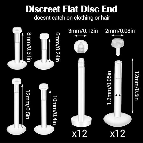 24PCS Clear Invisible Piercing Retainers for Work - 16G Push Top Labret Lip Rings & Earrings, Flat Back Nose Studs for Helix, Tragus, Monroe, Medusa, Industrial - 6/8/10/12mm Bars in Saudi Arabia