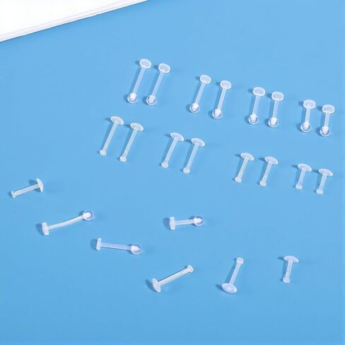 24PCS Clear Invisible Piercing Retainers for Work - 16G Push Top Labret Lip Rings & Earrings, Flat Back Nose Studs for Helix, Tragus, Monroe, Medusa, Industrial - 6/8/10/12mm Bars in Saudi Arabia