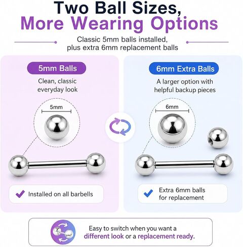 davka 14G Tongue Rings Set, Surgical Steel Tongue Barbells 12mm 14mm 16mm, Stainless Steel Tongue Piercing Jewelry with 5mm Balls, Extra 6mm Replacement Balls, Ball Grabber and Insertion Taper in Saudi Arabia