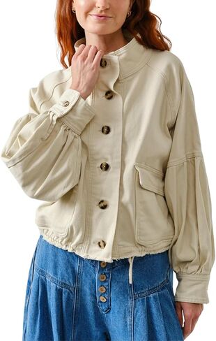Womens Denim Bomber Jacket Ballon Sleeve Twill Coat Drawstring Waist Outerwear with Pockets in Saudi Arabia