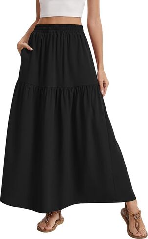 DB MOON Women's Maxi Tiered Long Skirt High Waist Casual Flowy A Line Elastic Ruffle Skirts with Pockets in Saudi Arabia