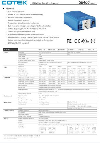 SE400 Pure Sine Wave Inverter 120VAC 24VDC 400W (SE400-124) in Saudi Arabia