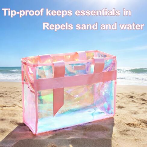 Iridescent Beach Bag, 2Pcs Large Clear Jelly Tote Bag for Women | TPU jelly, Purple & Pink, waterproof & sandproof, snap & zipper closure, ideal for family summer travel, gym, pool & cruise in Kuwait