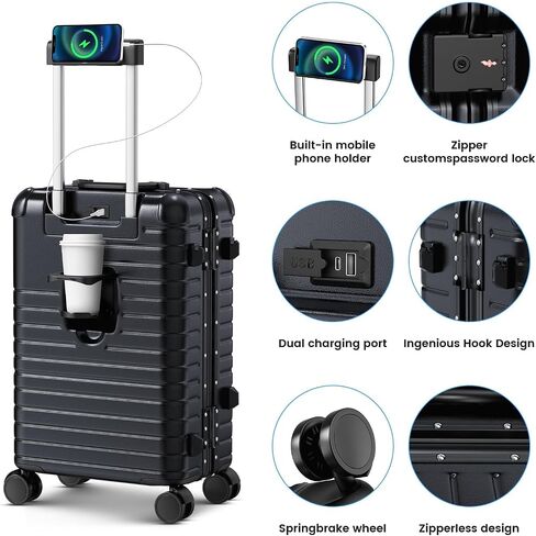 20 Inch Carry on Luggage with Cup Holder, Airline Approved 22x14x9 Aluminum Frame PC Hard Shell Suitcase, 360° Spinner Wheels, TSA Lock for Short Trips and Business Travel in Saudi Arabia