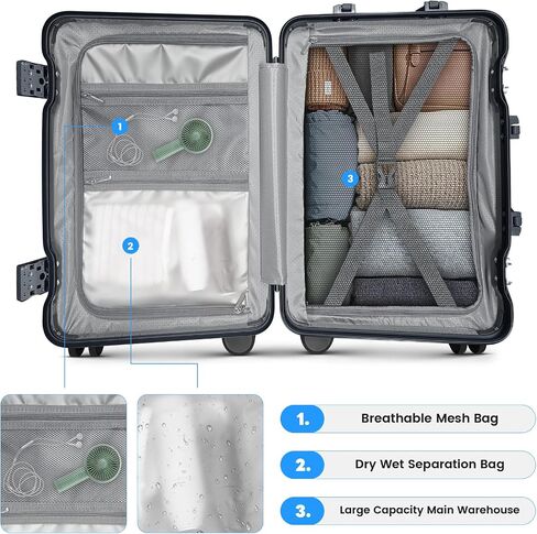 20 Inch Carry on Luggage with Cup Holder, Airline Approved 22x14x9 Aluminum Frame PC Hard Shell Suitcase, 360° Spinner Wheels, TSA Lock for Short Trips and Business Travel in Saudi Arabia