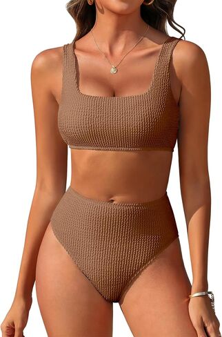 ANRABESS Women’ Two Piece Bikini Sets， High Waist Square Neck Swimsuits ，Ribbed Textured Comfy Bathing Suits，Beach Swim Wear in Kuwait
