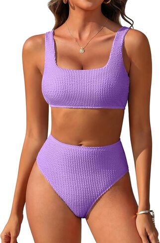 ANRABESS Women’ Two Piece Bikini Sets， High Waist Square Neck Swimsuits ，Ribbed Textured Comfy Bathing Suits，Beach Swim Wear in Kuwait