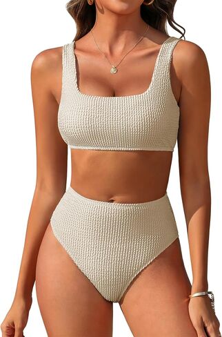 ANRABESS Women’ Two Piece Bikini Sets， High Waist Square Neck Swimsuits ，Ribbed Textured Comfy Bathing Suits，Beach Swim Wear in Kuwait