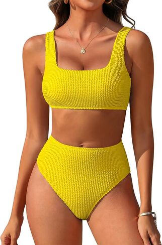 ANRABESS Women’ Two Piece Bikini Sets， High Waist Square Neck Swimsuits ，Ribbed Textured Comfy Bathing Suits，Beach Swim Wear in Kuwait