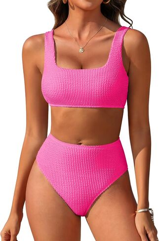 ANRABESS Women’ Two Piece Bikini Sets， High Waist Square Neck Swimsuits ，Ribbed Textured Comfy Bathing Suits，Beach Swim Wear in Kuwait