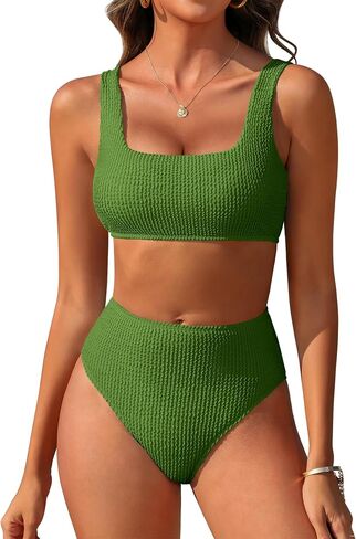 ANRABESS Women’ Two Piece Bikini Sets， High Waist Square Neck Swimsuits ，Ribbed Textured Comfy Bathing Suits，Beach Swim Wear in Kuwait