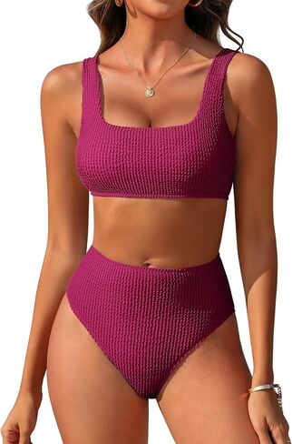 ANRABESS Women’ Two Piece Bikini Sets， High Waist Square Neck Swimsuits ，Ribbed Textured Comfy Bathing Suits，Beach Swim Wear in Kuwait