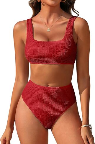 ANRABESS Women’ Two Piece Bikini Sets， High Waist Square Neck Swimsuits ，Ribbed Textured Comfy Bathing Suits，Beach Swim Wear in Kuwait