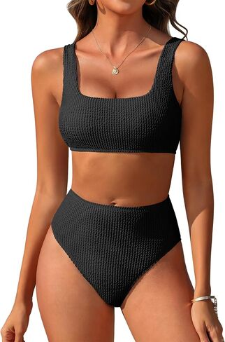 ANRABESS Women’ Two Piece Bikini Sets， High Waist Square Neck Swimsuits ，Ribbed Textured Comfy Bathing Suits，Beach Swim Wear in Kuwait