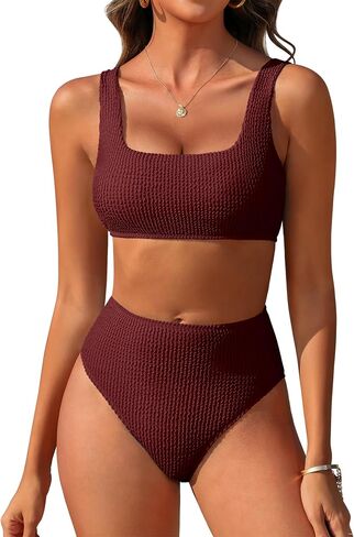 ANRABESS Women’ Two Piece Bikini Sets， High Waist Square Neck Swimsuits ，Ribbed Textured Comfy Bathing Suits，Beach Swim Wear in Kuwait