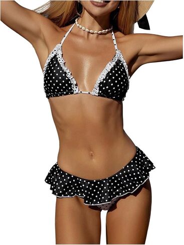 WDIRARA Women's Polka Dots Bikini Sets Ruffle Triangle 2 Piece Swimsuit Tie Backless Bathing Suit in Kuwait
