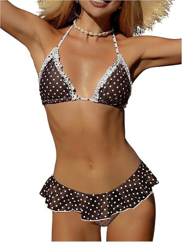 WDIRARA Women's Polka Dots Bikini Sets Ruffle Triangle 2 Piece Swimsuit Tie Backless Bathing Suit in Saudi Arabia