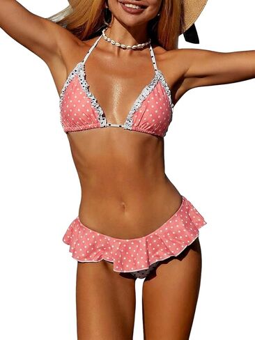 WDIRARA Women's Polka Dots Bikini Sets Ruffle Triangle 2 Piece Swimsuit Tie Backless Bathing Suit in Saudi Arabia
