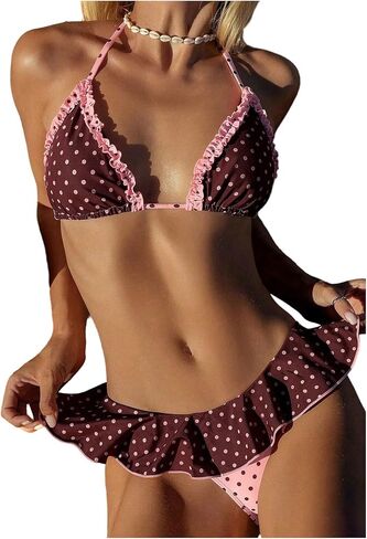 WDIRARA Women's Polka Dots Bikini Sets Ruffle Triangle 2 Piece Swimsuit Tie Backless Bathing Suit in Saudi Arabia