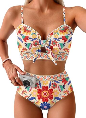 Herseas Women's High Waisted Bikini Sets Floral Print Swimsuits Knotted Front Ruffle Trim Bathing Suits Beach Essentials in Saudi Arabia
