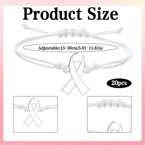 20 Pcs White Ribbon Adjustable Bracelets, Lung, Bone Cancer Awareness Products for Public Event Advocacy, Cancer Gifts for Survivor, Inspirational, Encouragement, Positive Gifts for Patients in Saudi Arabia