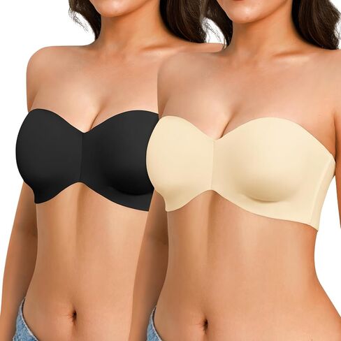 Popilush Strapless Bras for Women Push Up Bralettes Minimizer Unlined Underwire Bandeau T-Shirt Bras - 2 Pack Bright Ube + Black, 36C in Kuwait