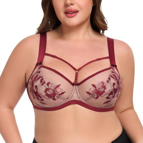 Embroidery Floral Full Cup Underwire Plus Size Bra with Sexy Double Mesh Adjustable Straps Lingerie JKLMNO in Saudi Arabia