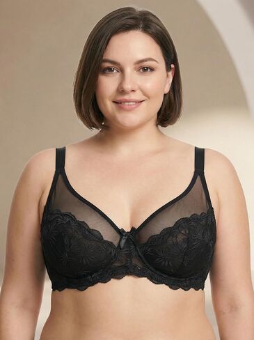 Plus Size Lace Unlined Bra for Women, Full Coverage Underwire Minimizer Bra, Floral Mesh Unpadded Bralette, 40C/90C-44DD/100E in Kuwait