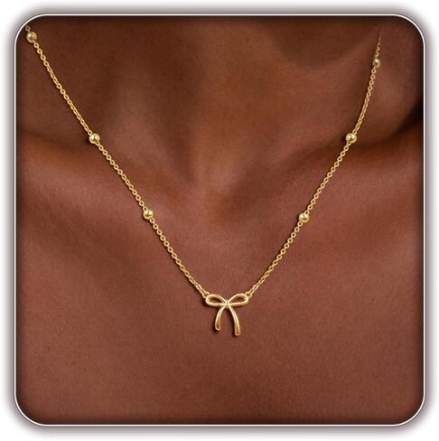 Gold Bow Necklace for Girl, 14K Gold Plated Dainty Cute Necklace Small Bow Pendant Choker Beaded Chain Charm Trendy Inspirational Birthday Graduation Jewelry Gifts for Daughter Granddaughter in Saudi Arabia