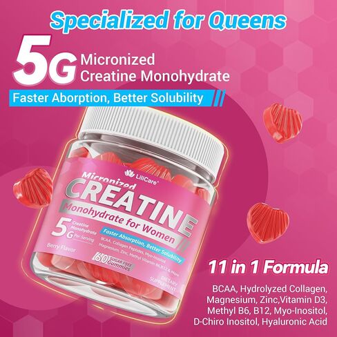 Creatine for Women Gummies, Micronized Creatine Monohydrate + Myo-Inositol, Collagen Peptides, BCAAs, Hyaluronic Acid, Vitamin B6 B12, Zinc for Enërgy, Föcus, Hörmonal Balance, Sugar Free, 120 Counts in Kuwait