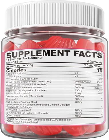Creatine for Women Gummies, Micronized Creatine Monohydrate + Myo-Inositol, Collagen Peptides, BCAAs, Hyaluronic Acid, Vitamin B6 B12, Zinc for Enërgy, Föcus, Hörmonal Balance, Sugar Free, 120 Counts in Kuwait
