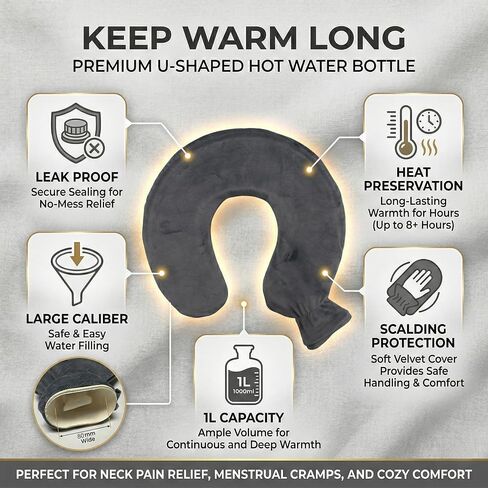 U-Shaped Neck Hot Water Bottle, BS1970:2012 Certified Natural Rubber, 1L Wearable Cervical Heating Pad, Crystal Velvet Cover, Shoulder Warmer for Neck Pain & Arthritis Relief in Saudi Arabia