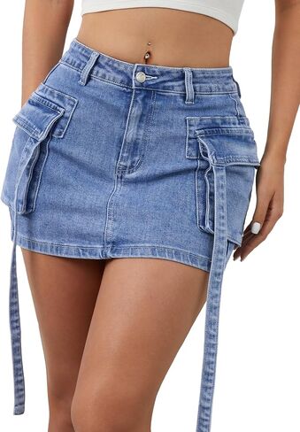 تنورة ELLEVEN Cargo Jean Mini Skorts مع شورت Umderneath، تنورة من الدينيم عالية التمدد Y2K مع جيوب بغطاء قلاب in Kuwait