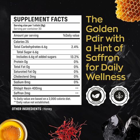 Shilajit Honey Sticks (With Saffron) for Adults for Vitality, Daily Performance & Metabolic Support – 400mg Pure Shilajit Resin, 2mg Saffron per 8g Stick – 30 Count in Kuwait