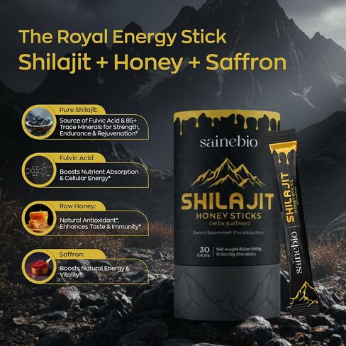 Shilajit Honey Sticks (With Saffron) for Adults for Vitality, Daily Performance & Metabolic Support – 400mg Pure Shilajit Resin, 2mg Saffron per 8g Stick – 30 Count in Kuwait