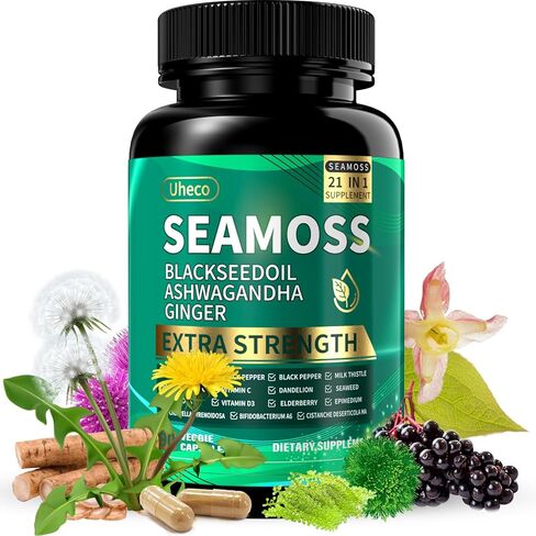 Superfood Advanced Irish Sea Moss Capsules - Sea Moss 21 in 1 Supplement Whit Black Seed, Ashwagandha, Turmeric, Bladderwrack, Burdock - 90 Count in Kuwait