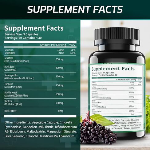 Superfood Advanced Irish Sea Moss Capsules - Sea Moss 21 in 1 Supplement Whit Black Seed, Ashwagandha, Turmeric, Bladderwrack, Burdock - 90 Count in Kuwait