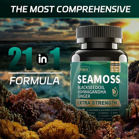 Superfood Advanced Irish Sea Moss Capsules - Sea Moss 21 in 1 Supplement Whit Black Seed, Ashwagandha, Turmeric, Bladderwrack, Burdock - 90 Count in Kuwait