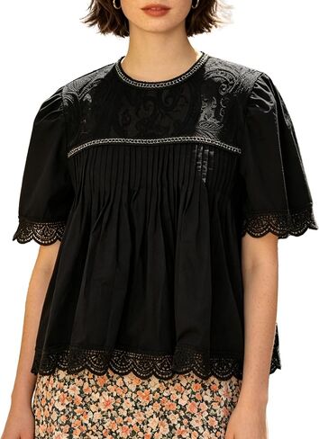 Women's Vintage Hand Crochet Lace Blouses Floral Embroidery Pleated Swing Tops Puff Short Sleeve Loose Pullover in Saudi Arabia