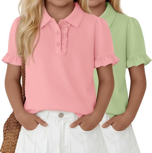 مجموعة من 2 قمصان بولو مكشكشة للفتيات بأكمام قصيرة منتفخة لزي المدرسة قمصان صيفية لطيفة بياقة علوية من 5 إلى 14 سنة in Kuwait