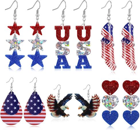 4th of July Earrings for Women- 6 Pairs Patriotic USA Star American Flag Dangle Jewelry, Red White and Blue Outfits Accessories Gifts in Kuwait