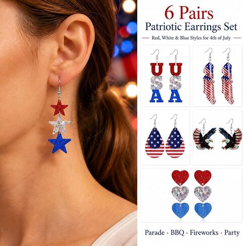 4th of July Earrings for Women- 6 Pairs Patriotic USA Star American Flag Dangle Jewelry, Red White and Blue Outfits Accessories Gifts in Kuwait
