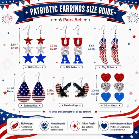 4th of July Earrings for Women- 6 Pairs Patriotic USA Star American Flag Dangle Jewelry, Red White and Blue Outfits Accessories Gifts in Kuwait
