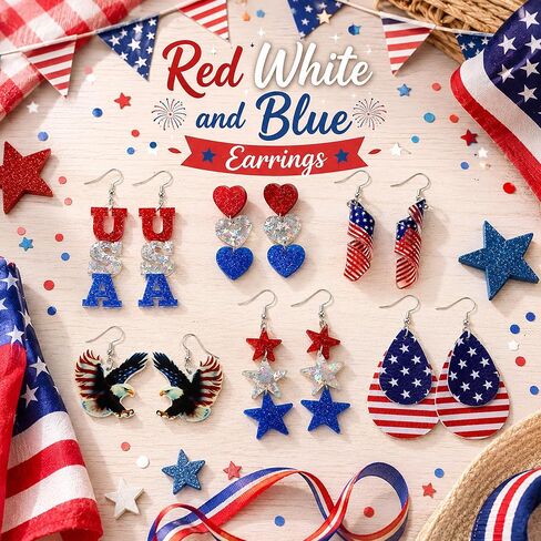 4th of July Earrings for Women- 6 Pairs Patriotic USA Star American Flag Dangle Jewelry, Red White and Blue Outfits Accessories Gifts in Kuwait