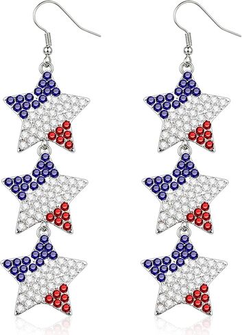 4th of July Outfits for Women Patriotic Triple Star Earrings American Flag Red White Blue Rhinestone Charm Dangle Earrings Independence Day Gifts 4th of July Accessories in Saudi Arabia